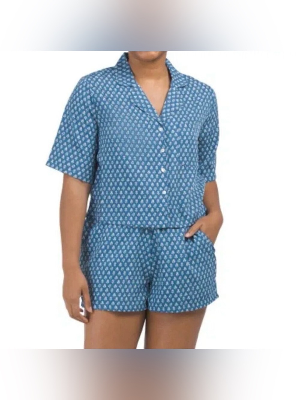 NWOT Haute Hippie Blue Printed Short Pajama Set Floral Cropped New Pockets Large
